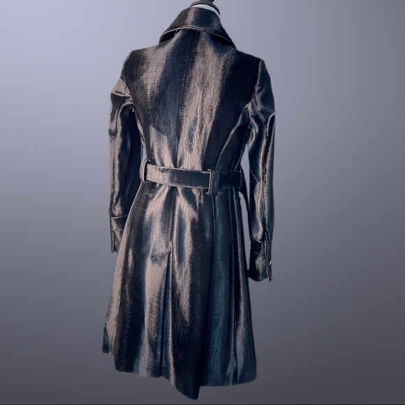 Karen Millen Black Glossy Faux Fur Trench Coat Silver Belted Lined Mob Wife - Picture 5 of 17